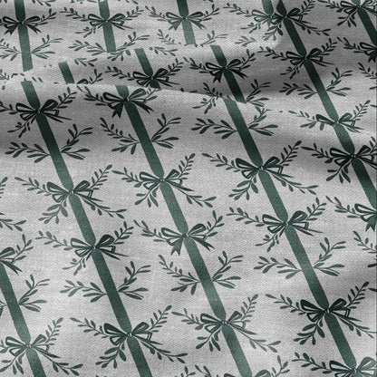 100% LINEN Fabric stripe bow holidays block print on oatmeal linen - French linen floral upholstery 2129