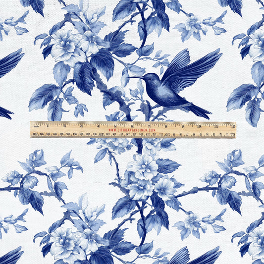100% LINEN Fabric UPHOLSTERY 12oz - Humminbird blue white print on linen - tree blossom scenery floral upholstery 2280