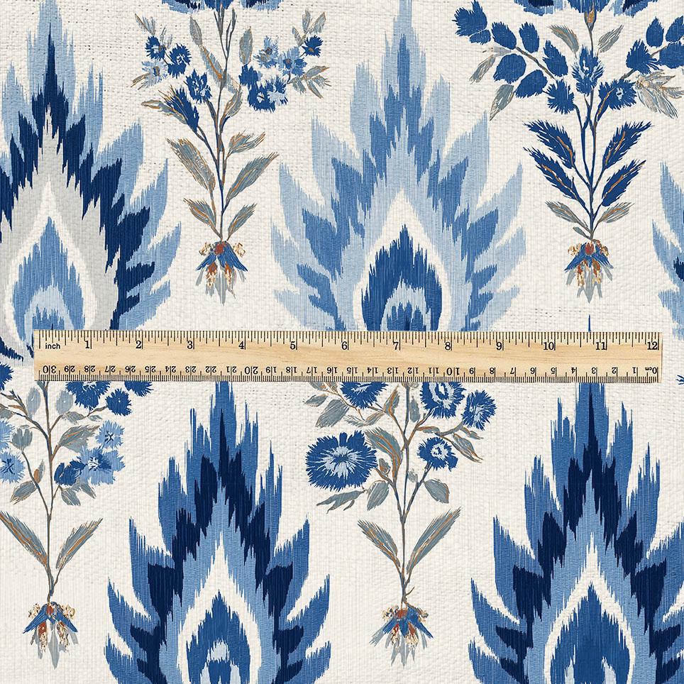100% linen fabric Blue Ivory ikat floral print - Botanical artisanal Pattern - Ornate Home Decor 3456