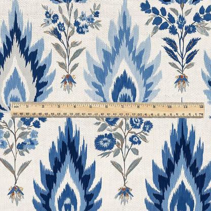 100% linen fabric Blue Ivory ikat floral print - Botanical artisanal Pattern - Ornate Home Decor 3456