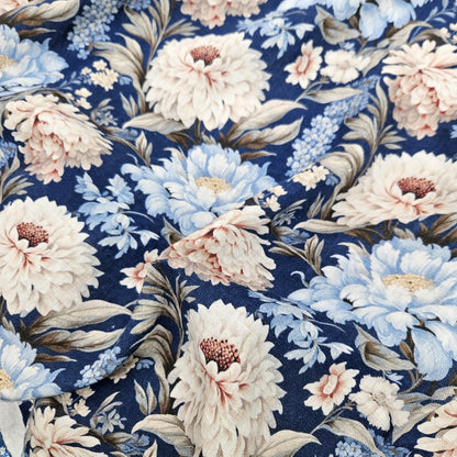 100% LINEN Fabric blue floral DAHLIAS, white blue botanical fabric with floral print, indian block print on linen linen 2578