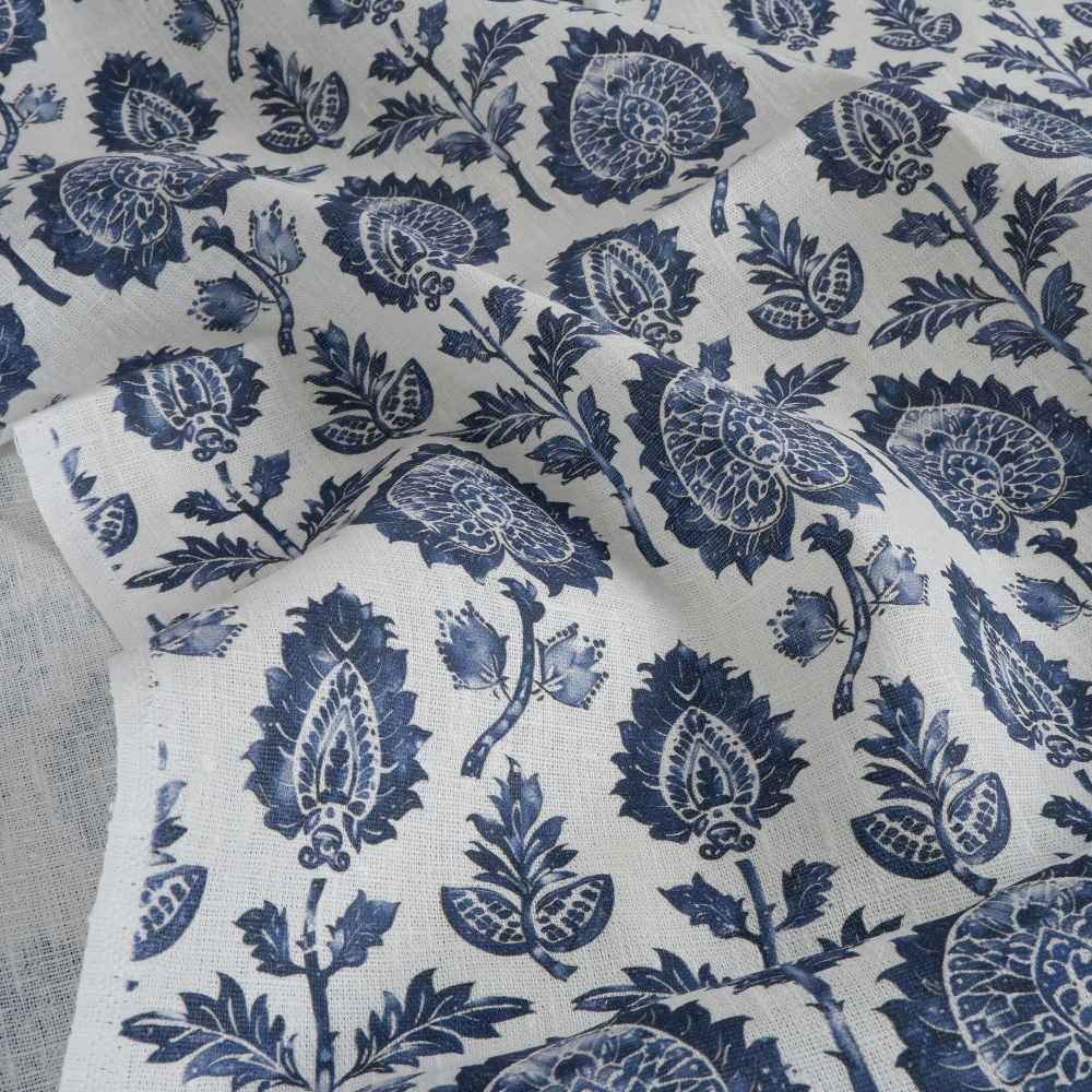 100% LINEN Fabric block print indigo blue on white - floral print heavy linen fabric for upholstery home decor sewing 2009