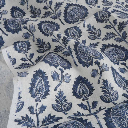 100% LINEN Fabric block print indigo blue on white - floral print heavy linen fabric for upholstery home decor sewing 2009