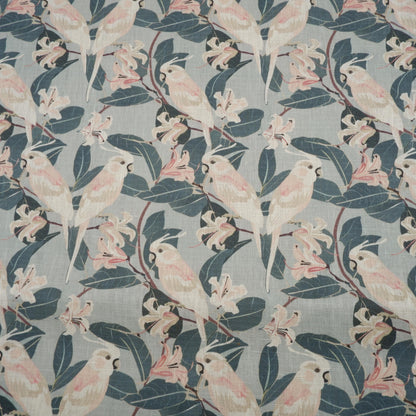 100% LINEN Fabric french blue block print on oatmeal natur linen, floral  fabric with parrot French linen botanical upholstery clothing