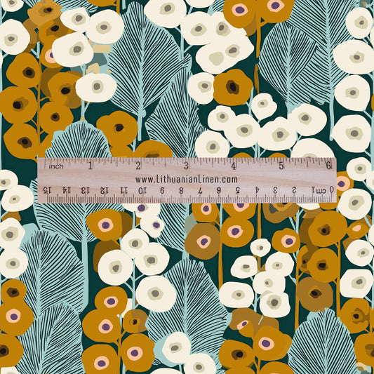 100% LINEN Fabric finnish Valkovuokko green white abstract print - modern vintage floral linen fabric for upholstery or home decor 2880