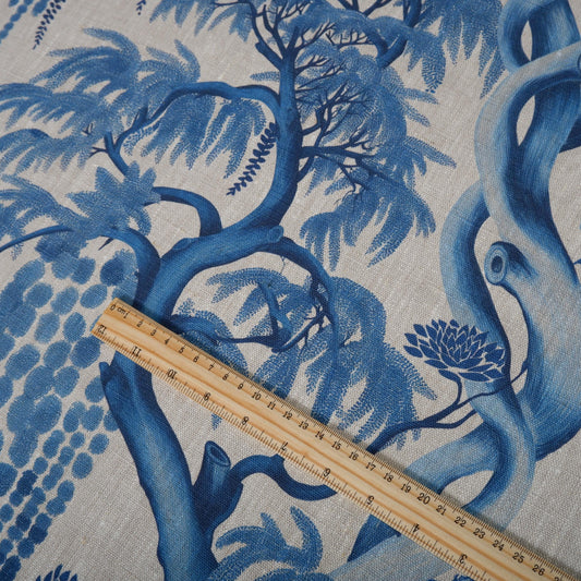 100% LINEN Fabric Blue tree - Modern vintage floral Willow print on oatmeal linen for home decor sewing dress clothing 2729