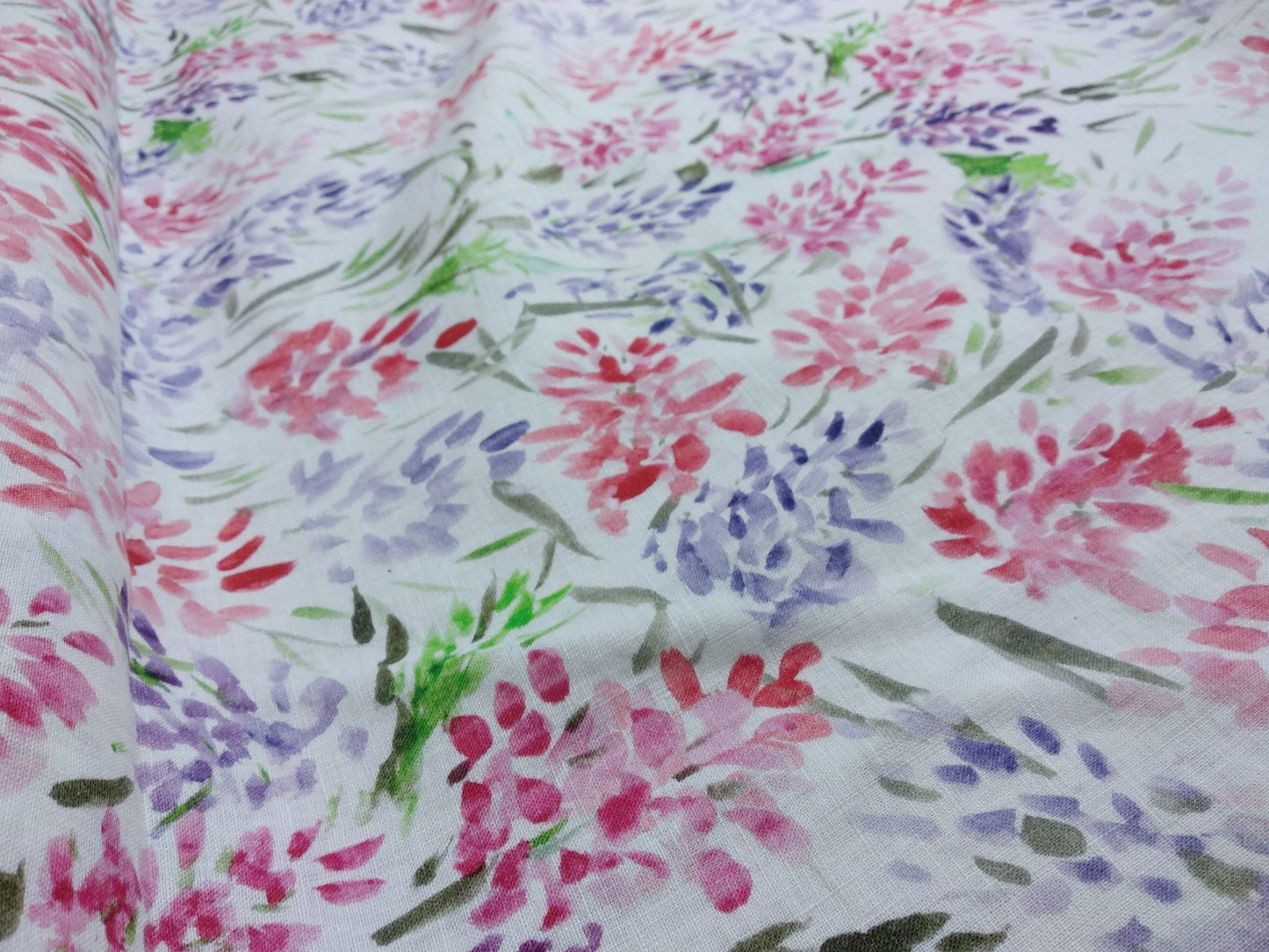 100% linen fabric Medium weight 150gsm  Prewashed . Print watercolor flower Lupin. for blouses, dresses, curtains, scarves,
