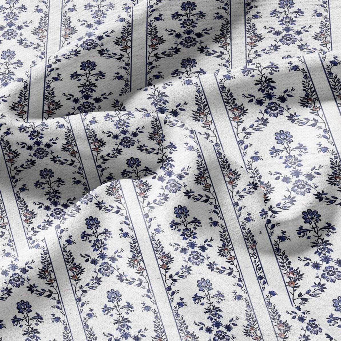 100% LINEN Fabric stripe print blue indigo flower linen - floral fabric for upholstery home decor dress making 2390