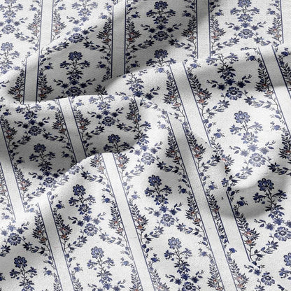 100% LINEN Fabric stripe print blue indigo flower linen - floral fabric for upholstery home decor dress making 2390
