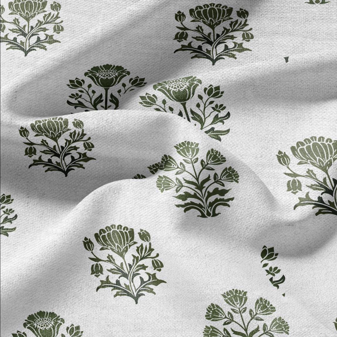 100% LINEN Fabric Block print Genda flower green - floral upholstery home textile artisan fabrics green white 2946