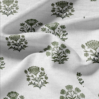 100% LINEN Fabric Block print Genda flower green - floral upholstery home textile artisan fabrics green white 2946