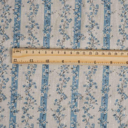 100% LINEN Fabric floral stripe block print on oatmeal linen - blue gray heavy fabric for upholstery - medium weight linen dress making 2502