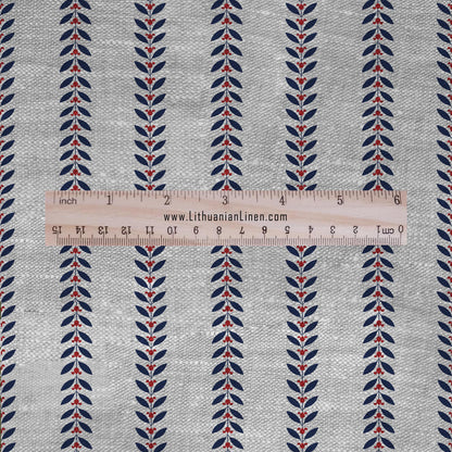 100% LINEN Fabric Striped floral print - block print navy blue red on oatmeal linen for upholstery curtains dress making 2668