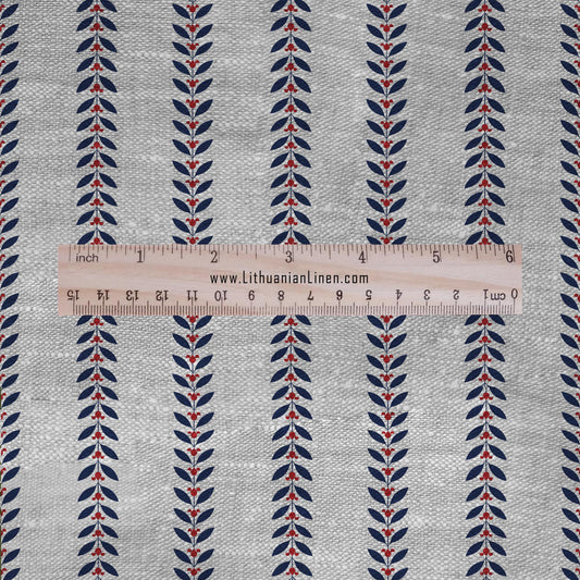 100% LINEN Fabric Striped floral print - block print navy blue red on oatmeal linen for upholstery curtains dress making 2668