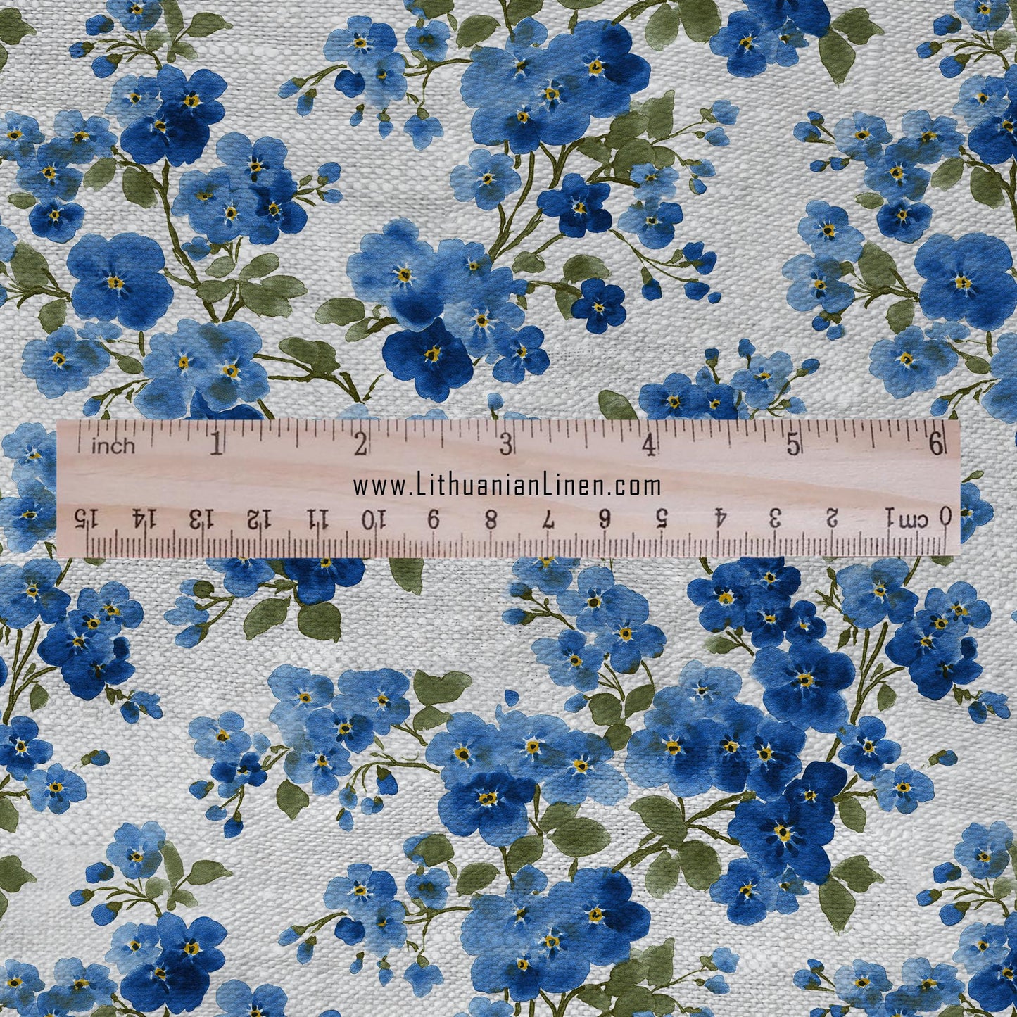 100% LINEN Fabric blue flower - forget me not floral block print on oatmeal linen  2913