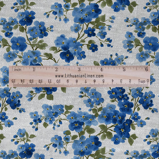 100% LINEN Fabric blue flower - forget me not floral block print on oatmeal linen  2913