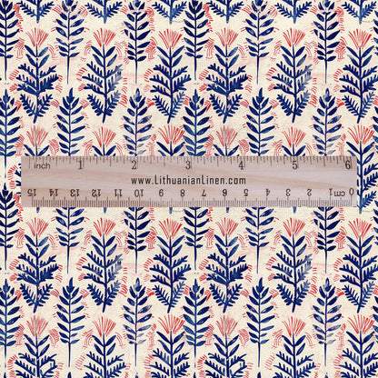 100% LINEN Fabric oriental print - Boho pink blue floral block print - upholstery home decor clothing  sewing 2391