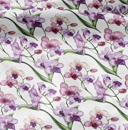 100% LINEN Fabric Floral pink purple orchid print - Hand Drawn Floral PINK Flower linen fabric upholstery home decor curtains pillowcases