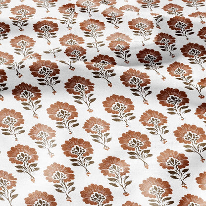 100% LINEN Fabric floral print - brown white flower block print linen heavy for upholstery home decor - medium for dress making 2827