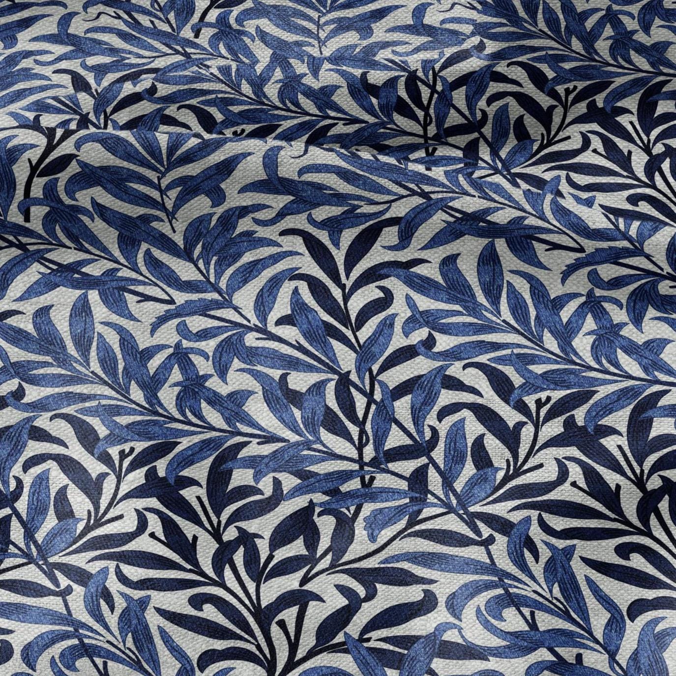 100% LINEN Fabric William Morris Bough Willow - oatmeal natur linen fabric with botanical print - Victorian Art Craft Historical blue 3212