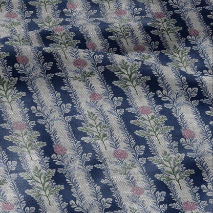 100% LINEN Fabric blue floral blossom print - oatmeal linen fabric with stripe botanical print - modern vintage 3092