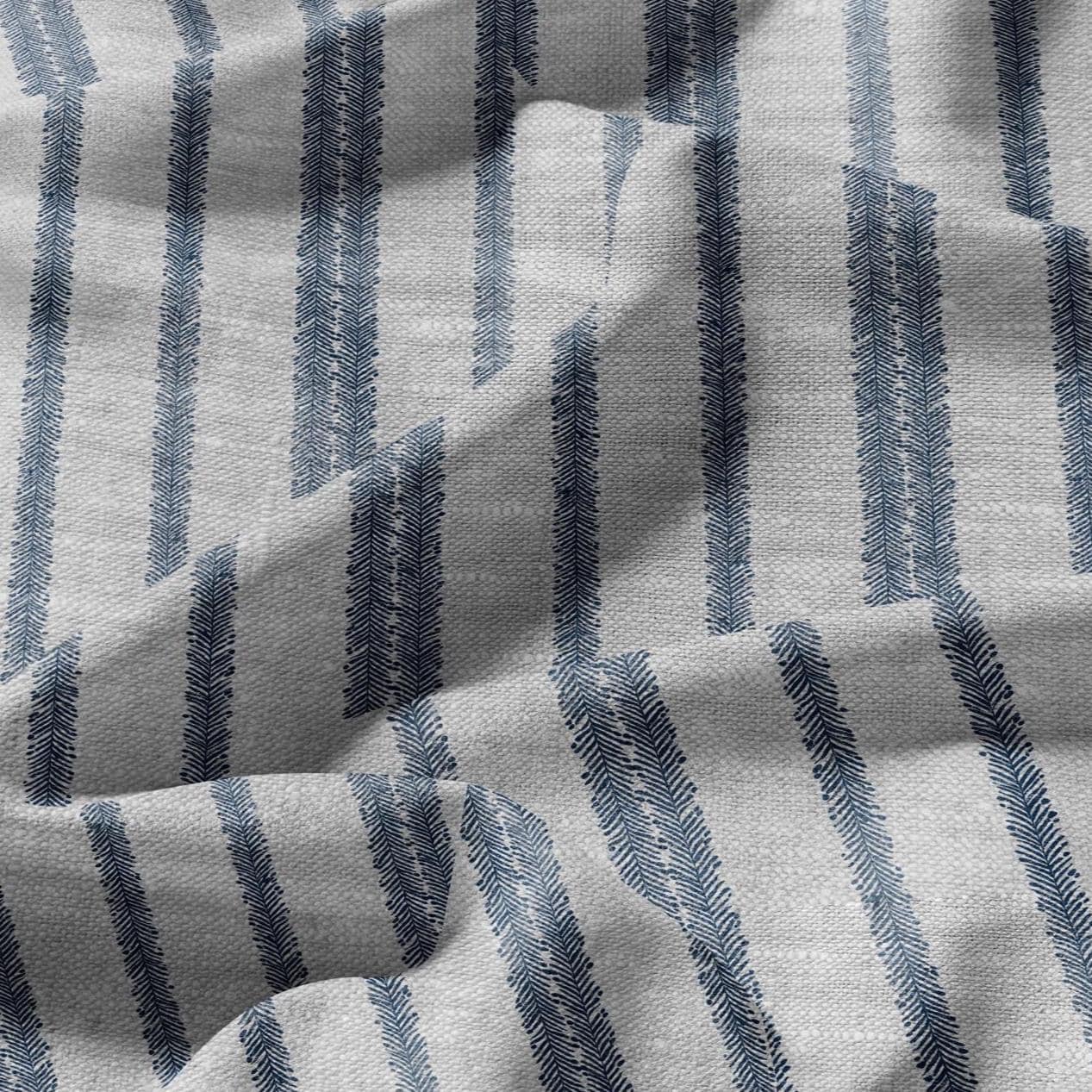 100% LINEN Fabric block print stripe floral blue green on grey - oatmeal linen fabric with botanical print for upholstery home decor 3089