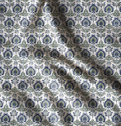 100% LINEN Fabric block print, linen fabric with indian blue floral print, heavy linen fabric for upholstery home decor