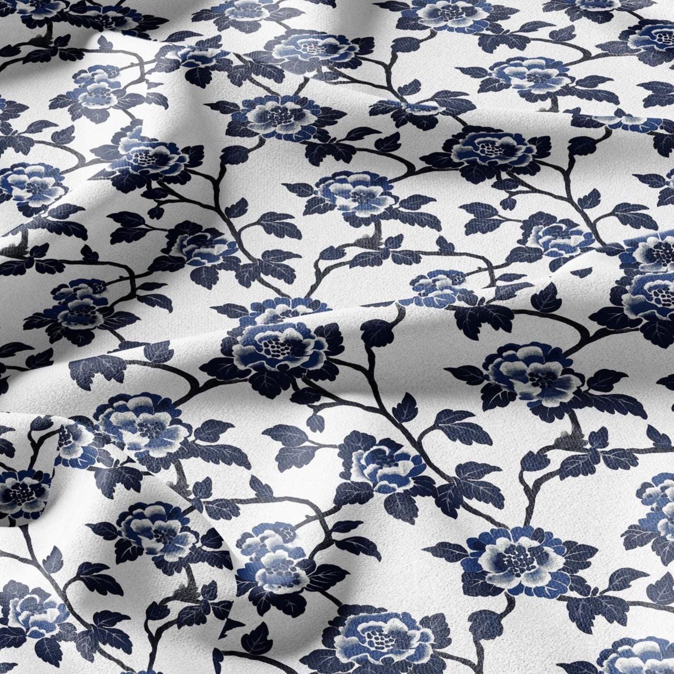100% LINEN Fabric roses print - indigo blue white floral fabric for upholstery home decor dress making 2381