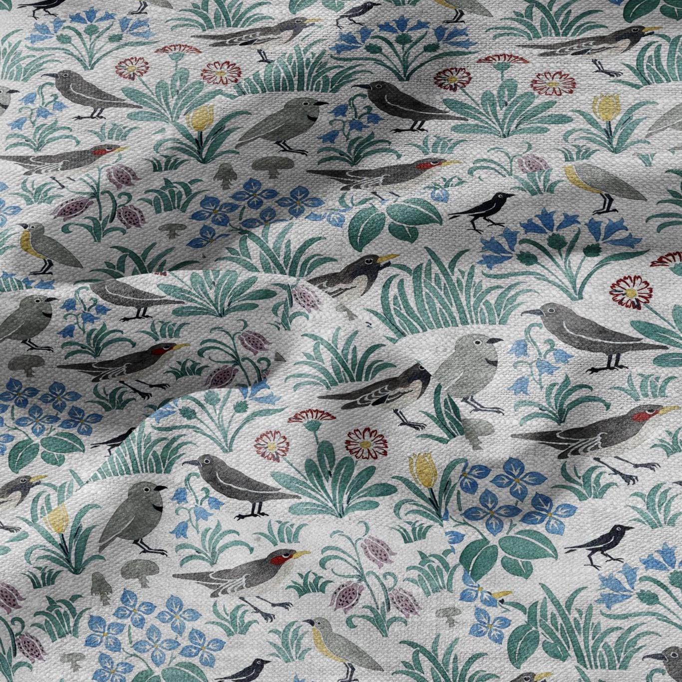 100% linen fabric - Birds in field by Voysey  - Victorian Art crafts - Historical pattern home decor dress making 2988