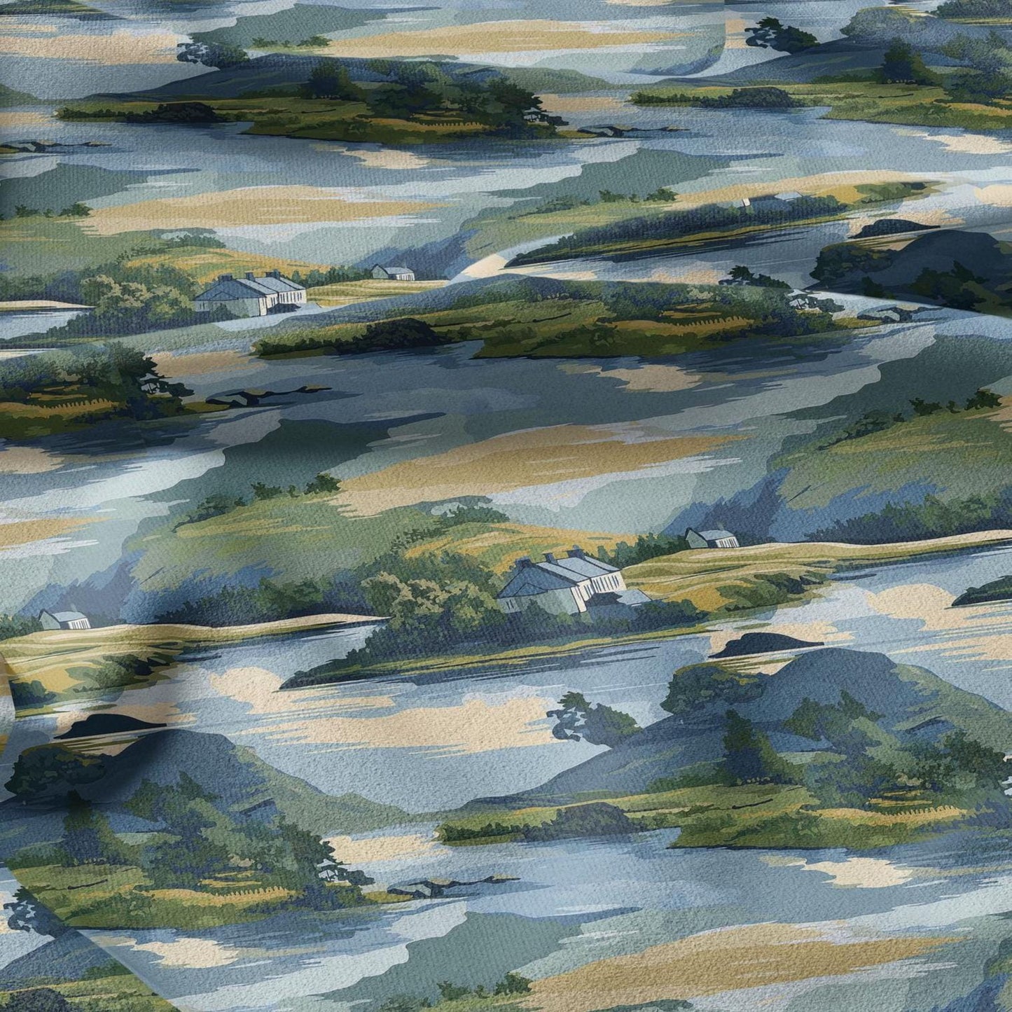 100% LINEN Fabric Countryside scenery -landscape linen fabric with green print - heavy linen fabric for upholstery home decor 2907