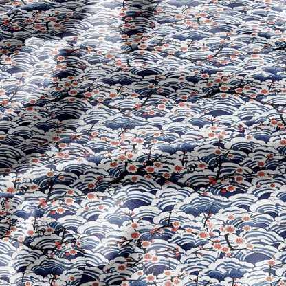 100% LINEN Fabric block print Japanese Sakura sea - red blue indigo floral print - heavy upholstery home decor - medium for clothing 2597