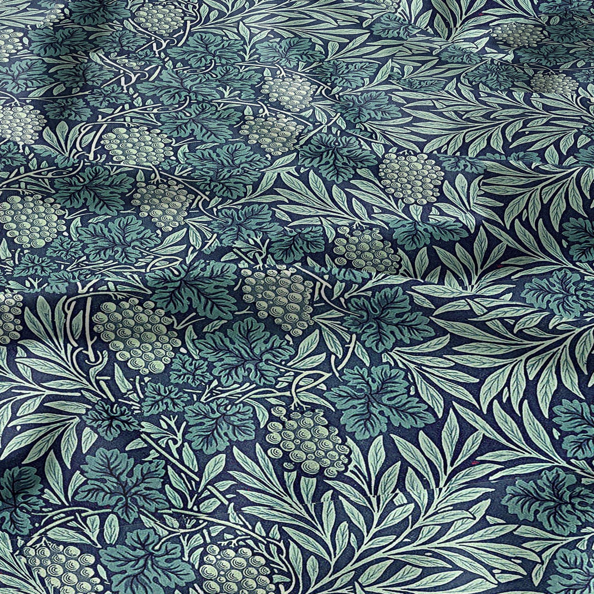 100% LINEN Fabric wine grapes from William Morris, Victorian fabric with blue floral print for upholstery home decor in Linen