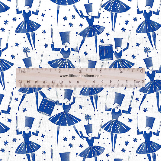100% LINEN Fabric block print Drummers - blue white print - heavy linen fabric for upholstery home decor 2592