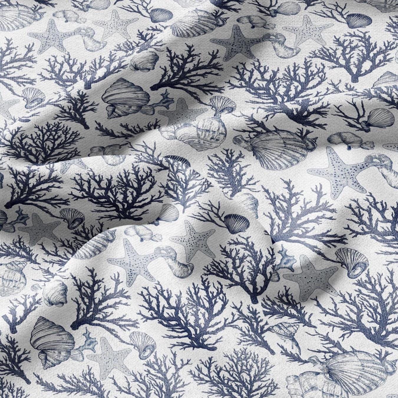 100% LINEN Fabric corals & shells print linen - coastal fabric for upholstery home decor dress making 2364