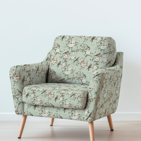 100% LINEN Fabric UPHOLSTERY 12oz - Pale green toile de jouy print with tree blossom with birds on linen - Modern vintage pattern 355