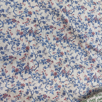 100% LINEN Fabric Toile de Jouy , white botanical fabric with blue indigo red print, French linen floral blossom 326