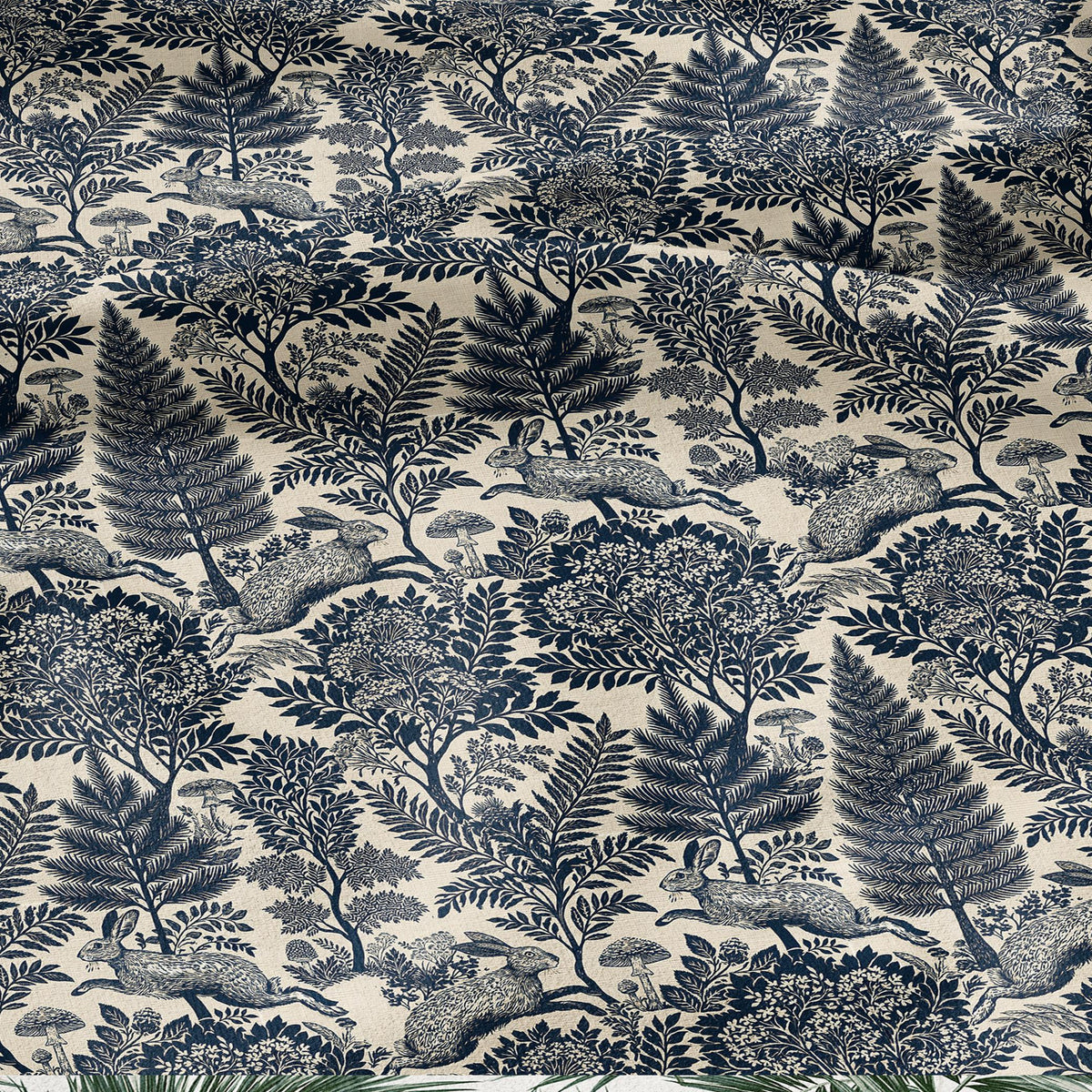 100% LINEN Fabric Woodland - Navy blue beige floral print with Rabbit bunny Neutral Fabric by the Yard by LithuanianLinen 3871