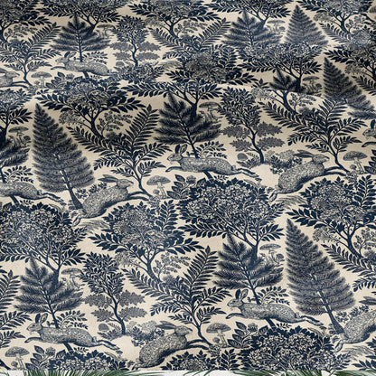 100% LINEN Fabric Woodland - Navy blue beige floral print with Rabbit bunny Neutral Fabric by the Yard by LithuanianLinen 3871