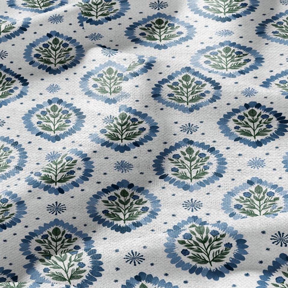 100% LINEN Fabric Block print Floral - modern vintage botanical flower upholstery home textile artisan green blue white 2762