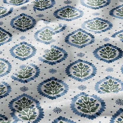 100% LINEN Fabric Block print Floral - modern vintage botanical flower upholstery home textile artisan green blue white 2762