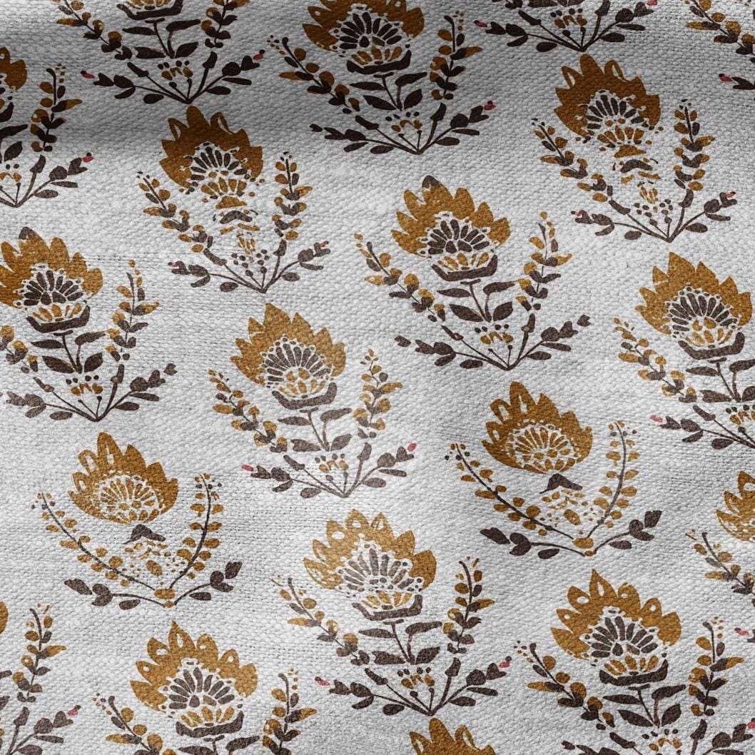 100% LINEN Fabric mustard yellow block print on oatmeal natur linen - floral French - heavy upholstery home decor - medium dress making 2373