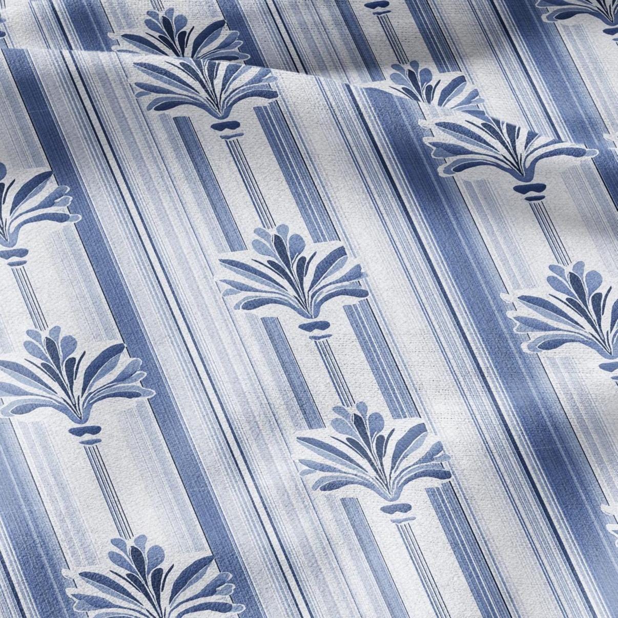 100% LINEN Fabric Stripe Fleur de lis blue print  - floral upholstery home textile artisan fabrics blue white 3129