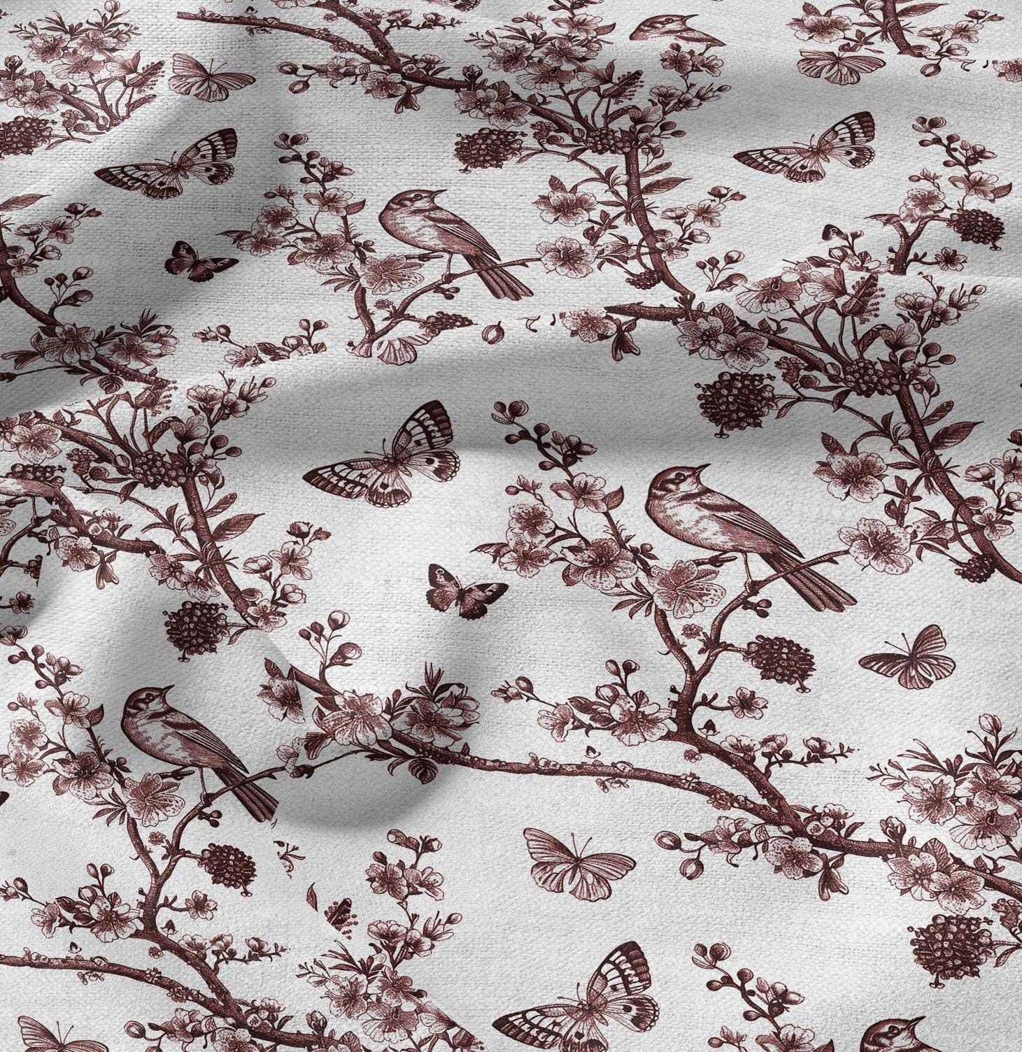 100% LINEN Fabric Floral toile de jouy red print - linen fabric with botanical print - linen fabric for upholstery home decor curtains