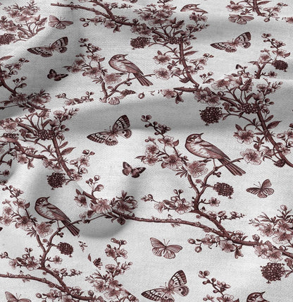 100% LINEN Fabric Floral toile de jouy red print - linen fabric with botanical print - linen fabric for upholstery home decor curtains