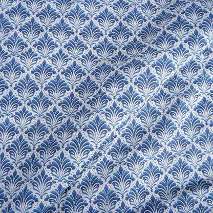 100% LINEN Fabric blue block print on white linen - fleur de lis floral fabric - French linen floral upholstery dressmaking 2053