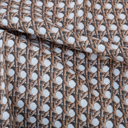 100% LINEN Fabric brown bamboo trellis - botanical textile artisan fabrics blue white 3686