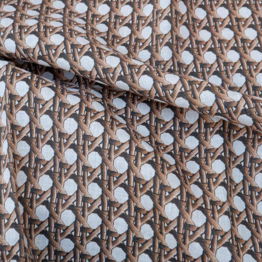 100% LINEN Fabric brown bamboo trellis - botanical textile artisan fabrics blue white 3686