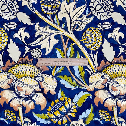 100% LINEN Fabric UPHOLSTERY 12oz - William Morris Wey block print  -Victorian Art craft fabric - floral blue upholstery heavy 362