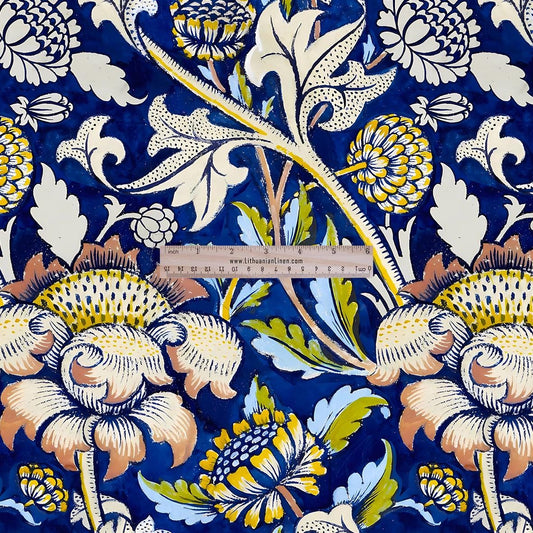 100% LINEN Fabric UPHOLSTERY 12oz - William Morris Wey block print  -Victorian Art craft fabric - floral blue upholstery heavy 362