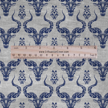 100% LINEN Fabric Capricorn print - Zodiac sign indigo blue on oatmeal linen - block print upholstery curtains dress making 2686